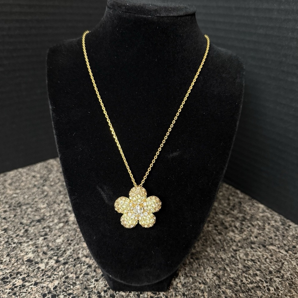 Nolan Miller Pendant Necklace Gold Tone Crystal Flower Brooch 15-17" Chain